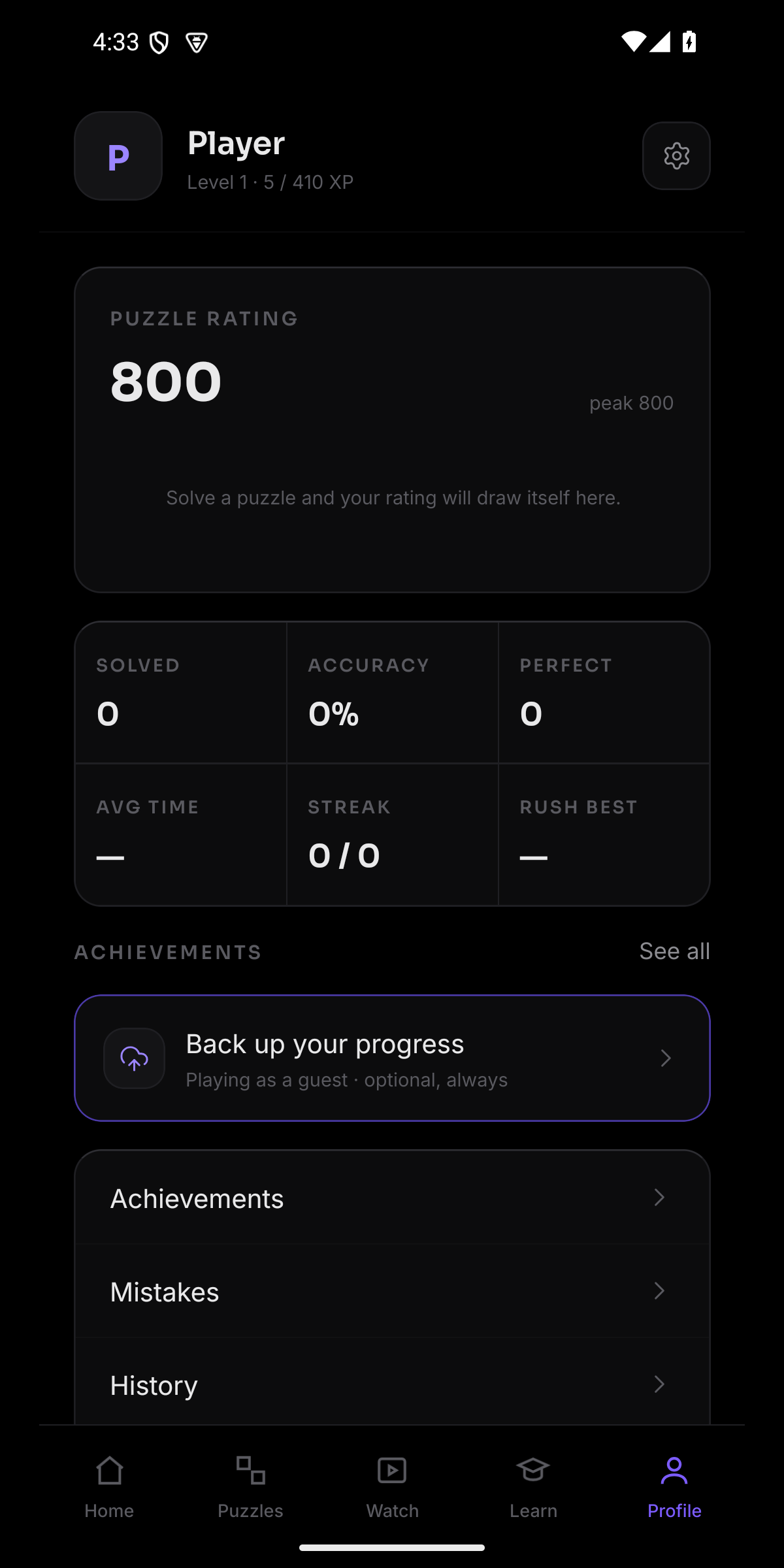 TChess profile and stats screen