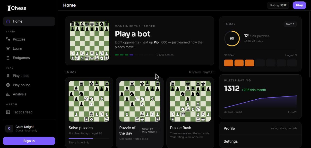 TChess web app home dashboard — rating, puzzle streak, and daily goals